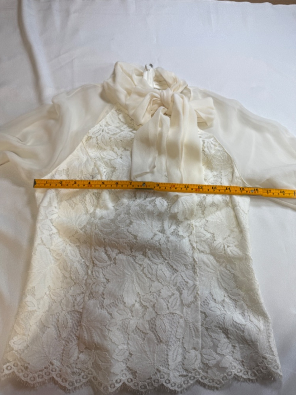 Teri Jon Rickie Freeman White Silk Lace Blouse Size 4 Bow Neck Sheer Sleeve - Picture 5 of 7